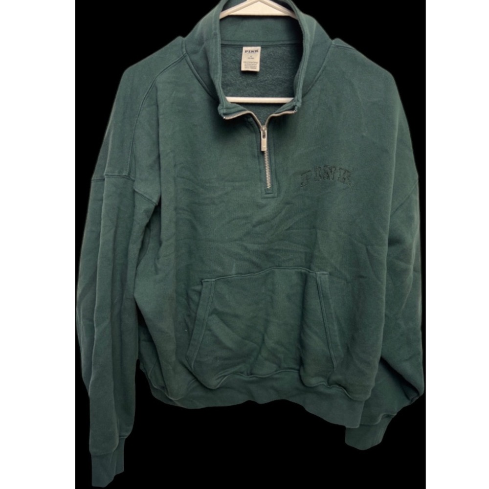 PINK Victoria's Secret Quarter Zip Pullover Sweatshirt Green Embroiderd M Sporty
